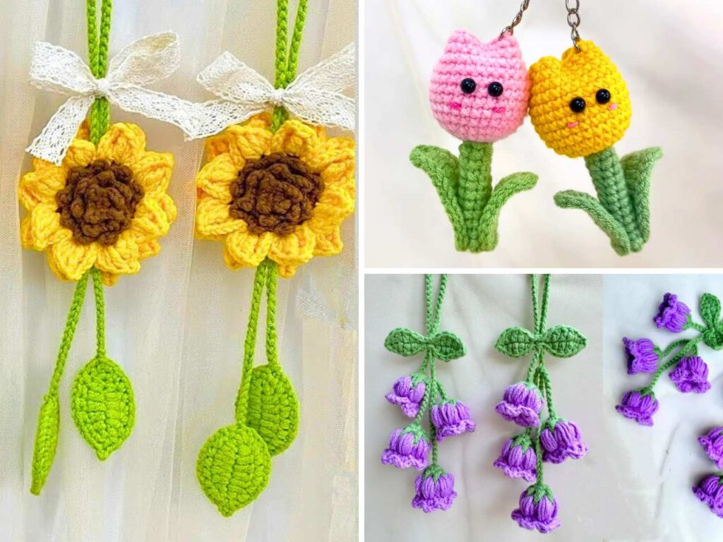 Crochet Mini Flower Bag Charms with Video Tutorials