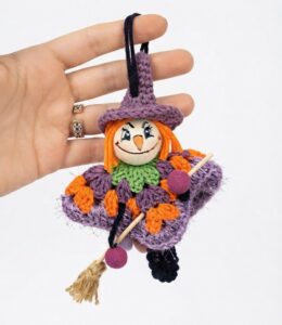 How to Crochet A Halloween Witch Girl Keychain Craft with Drawn Face & Broom