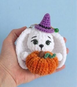 Tester Pattern: Free Crochet Pumpkin-Holding Witch Bunny Plushie Pattern