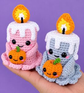 To Welcome the Guests Crochet these Little Candle Buddies Holding Pumpkins