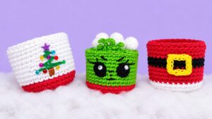 3-in-1 Crochet Tree Embroidery, Grinch and Santa Miniature Treat Baskets