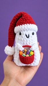 How to Crochet Christmas Ghost Buddy Holding A Treat Basket Plushie