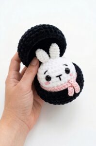 Tester Call: Crochet Bunny Ball Wearing Winter Scarf in A Black Food Basket Plushie